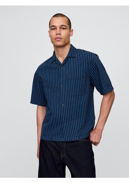 Erkek Lacivert Denim Çizgili Gömlek