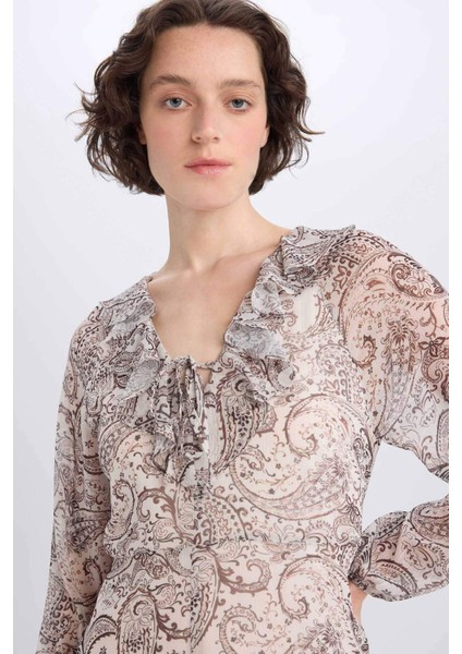 Fırfırlı Yaka Etnik Desenli Şifon Uzun Kollu Midi Elbise E7169AX25SP