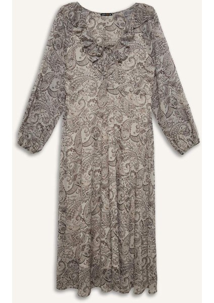 Fırfırlı Yaka Etnik Desenli Şifon Uzun Kollu Midi Elbise E7169AX25SP