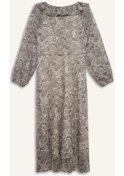 Fırfırlı Yaka Etnik Desenli Şifon Uzun Kollu Midi Elbise E7169AX25SP