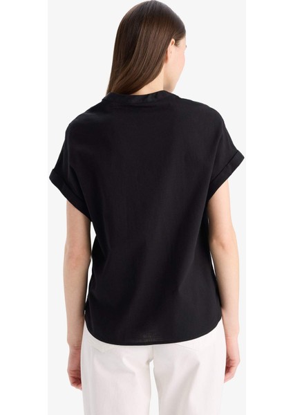 Regular Fit Apaş Yaka Flamlı Pamuk Kısa Kollu Bluz E7105AX25SP