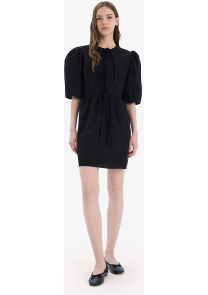 A Kesim Bisiklet Yaka Bağcıklı Poplin Kısa Kollu Midi Abiye Elbise E7332AX25SP