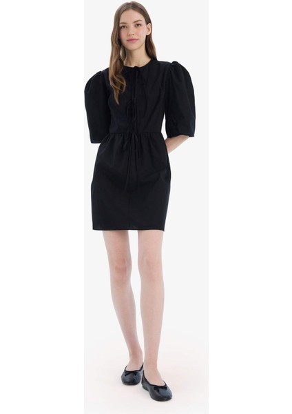 A Kesim Bisiklet Yaka Bağcıklı Poplin Kısa Kollu Midi Abiye Elbise E7332AX25SP