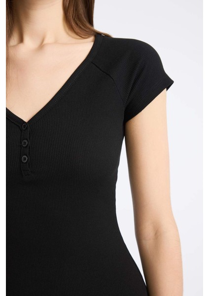Bodycon Vücudu Saran V Yaka Fitilli Kaşkorse Kısa Kollu Midi Elbise E7368AX25SP