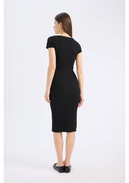 Bodycon Vücudu Saran V Yaka Fitilli Kaşkorse Kısa Kollu Midi Elbise E7368AX25SP