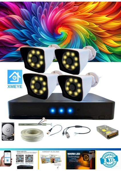 4 Kameralı Kare 4 Dış Kamera Set 320 GB HDD Dahil Full Hd Renkli Gece Görüşlü Güvenlik Kamerası Sistemi