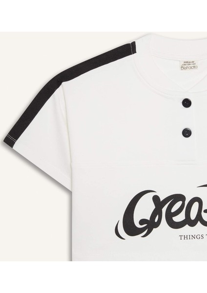 Kız Çocuk Crop Bisiklet Yaka Düğmeli Baskılı Kısa Kollu Tişört E1881A825SM