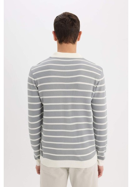 Standart Fit Polo Yaka Çizgili Triko Kazak E7604Ax24Wn