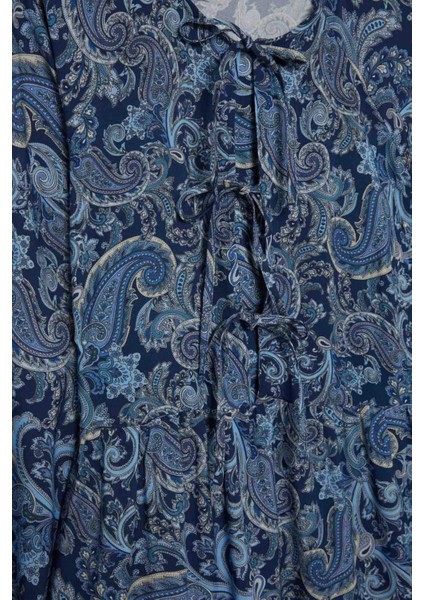 Bisiklet Yaka Desenli Uzun Kollu Mini Elbise E6612AX25SP