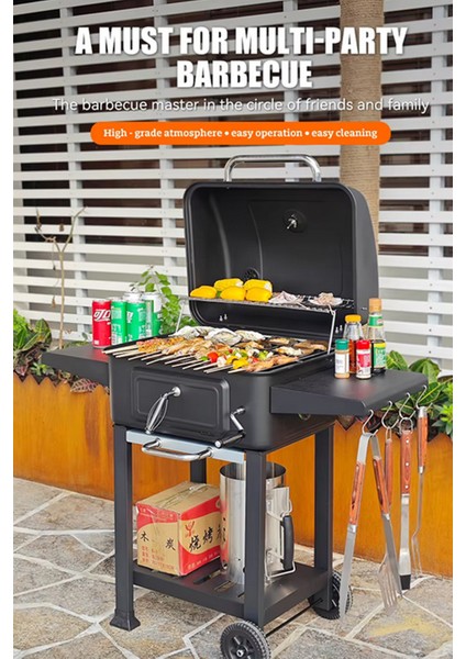 Tekerlekli Kömürlü Bbq Dökme Demir Kömürlü Mangal Fırınlı Büyük Barbekü Izgara 01022