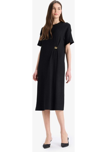 Regular Fit Bisiklet Yaka Basic Düz Bürümcük Kısa Kollu Midi Yazlık Elbise E7330AX25SM