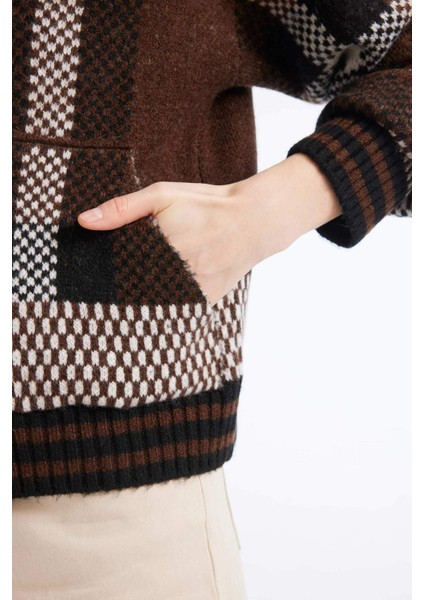 Regular Fit Kareli Fermuarlı Dik Yaka Triko Hırka E7733AX25SP