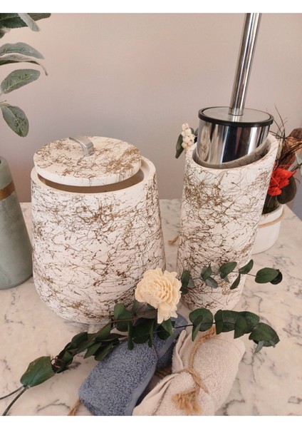 4 Parça El Yapımı Doğaltaş Beton Banyo Seti Tuvalet Fırçalığı Çöp Kovası Kapaklı Kutu ve Vazo Seti