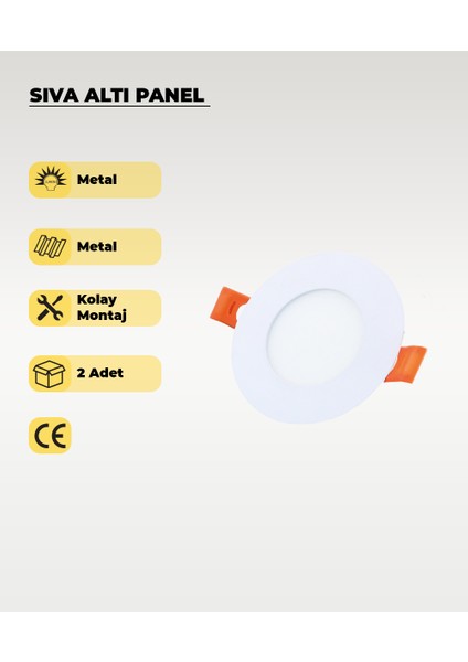 3W Sıva Altı Yuvarlak Slim LED Panel Beyaz Işık 2 Adet