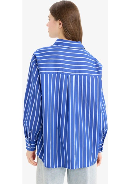 Oversize Geniş Kalıp Çizgili Poplin Uzun Kollu Gömlek E6615AX25SP
