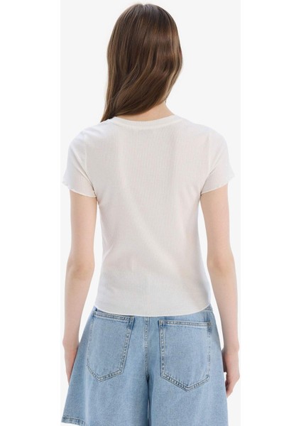 Fitted Bisiklet Yaka Basic Düz Fitilli Kaşkorse Kısa Kollu Beyaz Tişört K7064AZ25SM