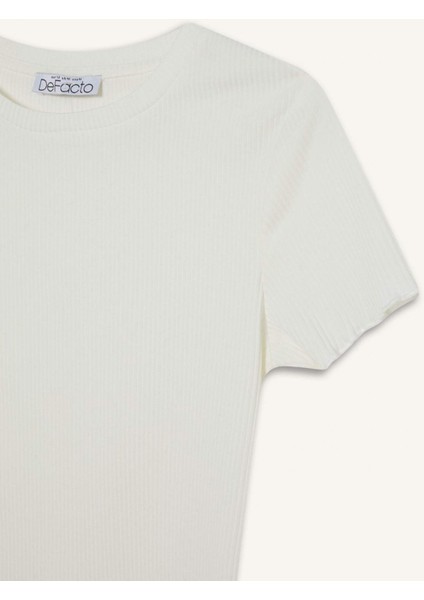 Fitted Bisiklet Yaka Basic Düz Fitilli Kaşkorse Kısa Kollu Beyaz Tişört K7064AZ25SM
