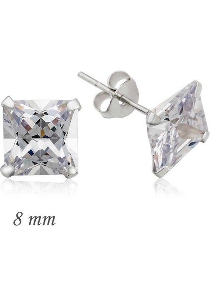 Gümüş Kare Tek Taş Zirkon Küpe - 8 mm