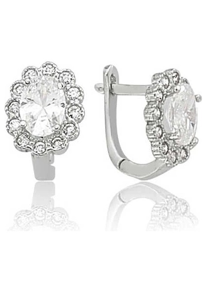 Gümüş Oval Taşlı Çiçek Küpe