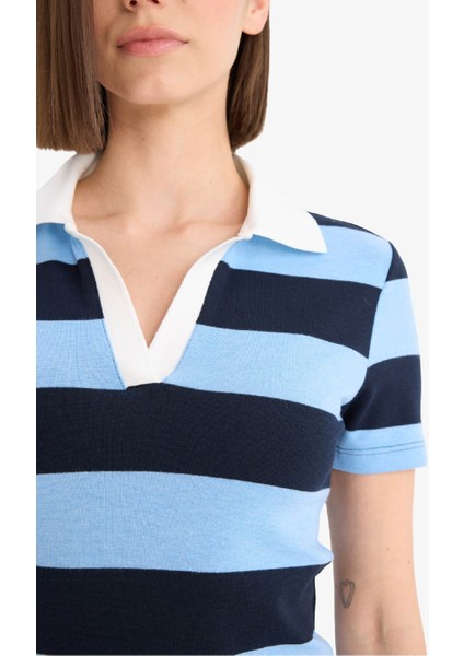 Bodycon Vücudu Saran Polo Yaka Çizgili Ribana Kısa Kollu Mini Elbise E5701AX25SP