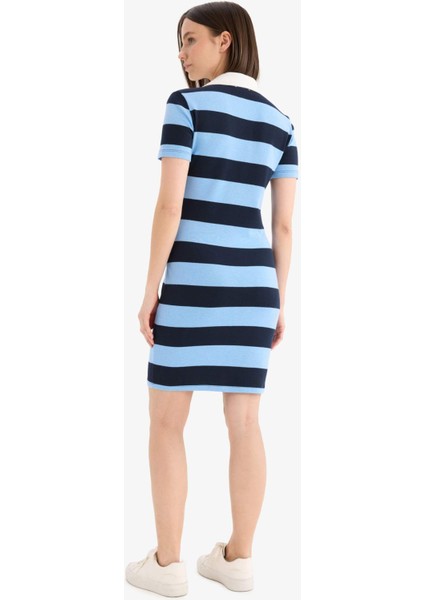 Bodycon Vücudu Saran Polo Yaka Çizgili Ribana Kısa Kollu Mini Elbise E5701AX25SP