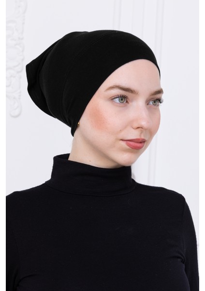 Pratik Geçmeli Siyah Boru Bone Kaymaz Önü Dikişsiz Kadın Tesettür Hazır Iç Bone
