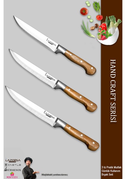 Hand Craft Mutfak Bıçak Seti Et Ekmek Sebze Bıçağı 3 Lü Set Günlük Kullanım ( Mtf-045 )