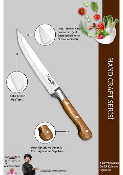 Hand Craft Mutfak Bıçak Seti Et Ekmek Sebze Bıçağı 3 Lü Set Günlük Kullanım ( Mtf-045 ) modelleri