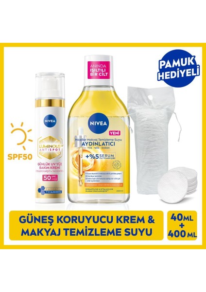 SPF50 Luminous630 Thiamidol Leke Karşıtı Güneş Koruyucu Krem 40ml ve Micellar Makyaj Temizleme Suyu