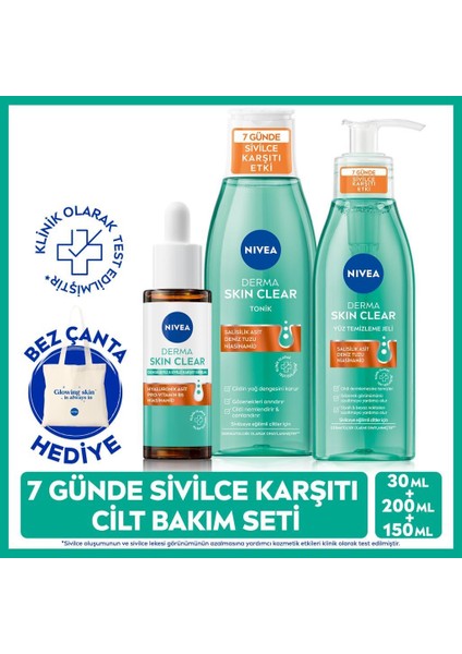 Derma Skin Clear Karşıtı Cilt Bakım Seti, Serum 30ml, Yüz Temizleme Jeli 150ml, Tonik 200ml