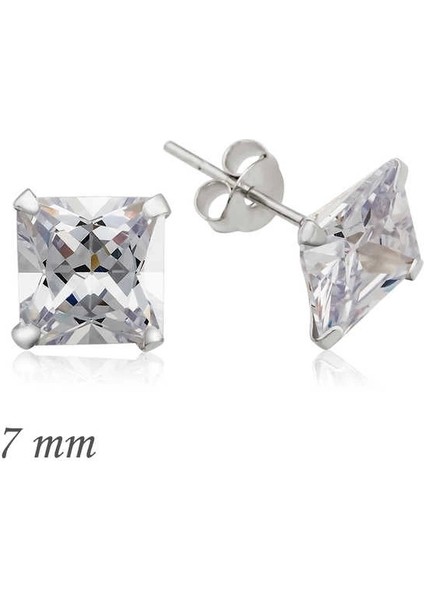 Gümüş Kare Tek Taş Zirkon Küpe - 7 mm