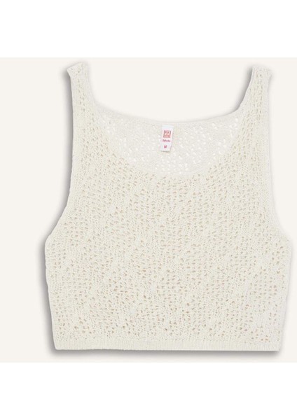 Yuvarlak Yaka Crop Kolsuz Triko Beyaz Plaj Üstü-Fall in Love B6887AX25SP