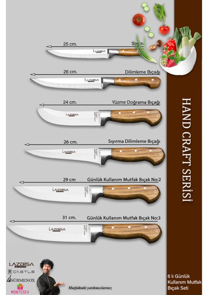 Hand Craft Mutfak Bıçak Seti Et Ekmek Sebze Bıçağı 6 Lı Set Günlük Kullanım ( Mtf-038 )