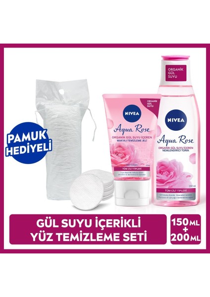 Aqua Rose Organik Gül Suyu İçerikli Yüz Temizleme Jeli 150ml ve Nemlendirici Tonik 200ml, Makyaj Temizleyici, Yüz Bakım
