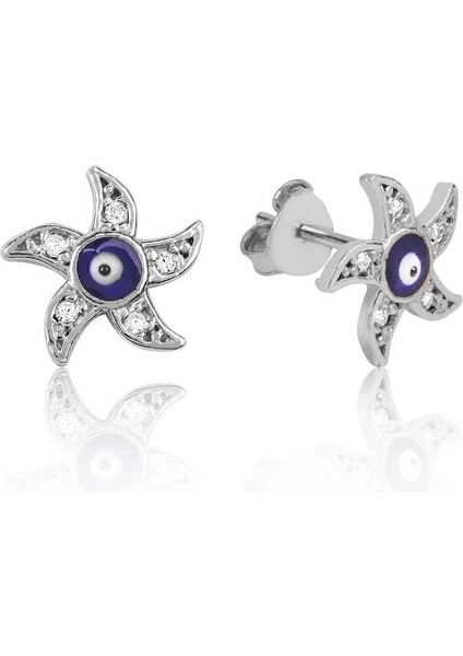 Gümüş Nazarlı Deniz Yıldızı Çivili Küpe