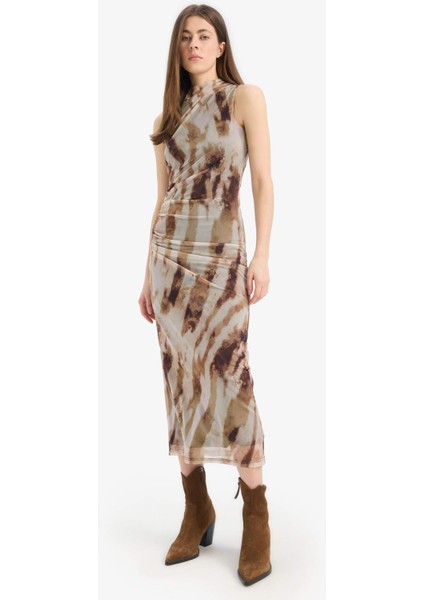 Bodycon Vücudu Saran Batik Tül Kolsuz Maxi Elbise E8340AX25SP
