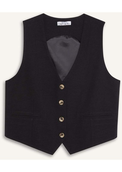 V Yaka Keten Karışımlı Blazer Yelek E6209AX25SP