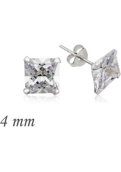 Gümüş Kare Tek Taş Zirkon Küpe - 4 mm
