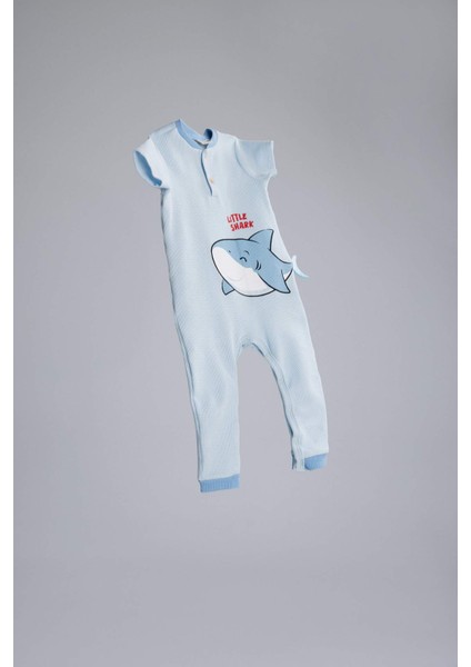 Erkek Bebek Yenidoğan Köpek Balığı Baskılı Kısa Kollu Waffle Tulum E7939A525SM