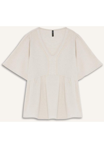 Regular Fit V Yaka Keten Karışımlı Kısa Kollu Bluz E7336AX25SM