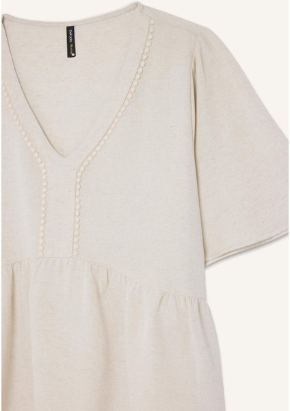 Regular Fit V Yaka Keten Karışımlı Kısa Kollu Bluz E7336AX25SM