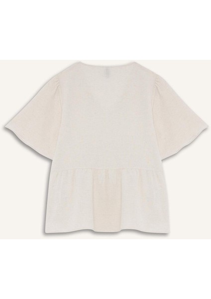 Regular Fit V Yaka Keten Karışımlı Kısa Kollu Bluz E7336AX25SM