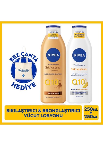 Q10 Vücut Losyonu 250ml ve Kademeli Bronzlaştırıcı 250ml, Nemlendirici, Çanta Hediyeli