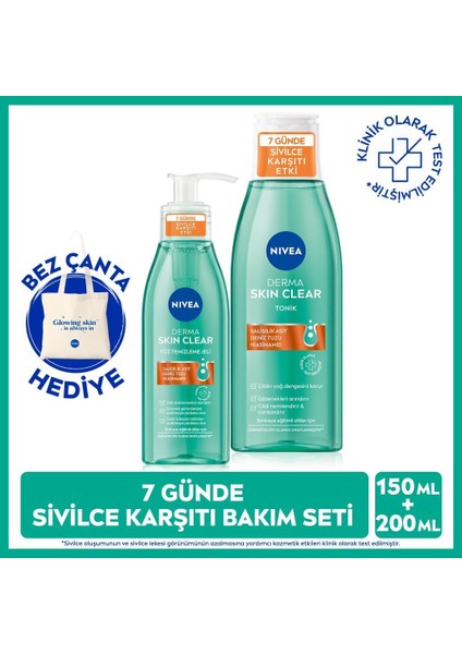 Nıvea Derma Skin Clear Yüz Temizleme Jeli 150Ml Ve Tonik 200Ml ,Bez Çanta Hediye