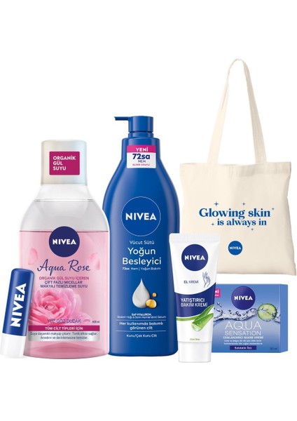 Besleyici Vücut Sütü 400ml, Aqua Rose Makyaj Temizleme Suyu 400ml, Canlandırıcı Yüz Kremi 50ml, Yatıştırıcı El Kremi 75ml, Original Renskiz Nemlendirici Dudak Bakım Kremi
