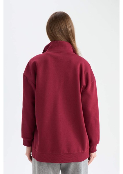 Regular Fit Fermuarlı Dik Yaka Baskılı İçi Yumuşak Tüylü Kalın Sweatshirt Tunik E8846AX24CW