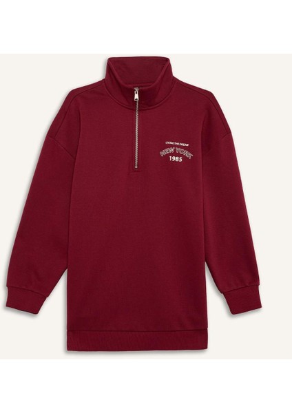 Regular Fit Fermuarlı Dik Yaka Baskılı İçi Yumuşak Tüylü Kalın Sweatshirt Tunik E8846AX24CW