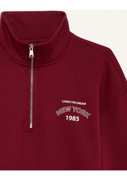 Regular Fit Fermuarlı Dik Yaka Baskılı İçi Yumuşak Tüylü Kalın Sweatshirt Tunik E8846AX24CW