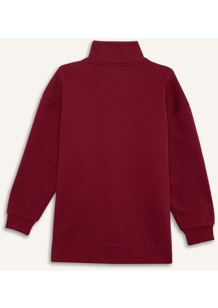 Regular Fit Fermuarlı Dik Yaka Baskılı İçi Yumuşak Tüylü Kalın Sweatshirt Tunik E8846AX24CW