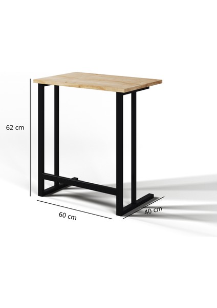 Laptop Sehpası, Metal Ayaklı Çalışma Sehpası, Kahvaltı Sehpası, Servis Sehpası 60x40cm Meşe